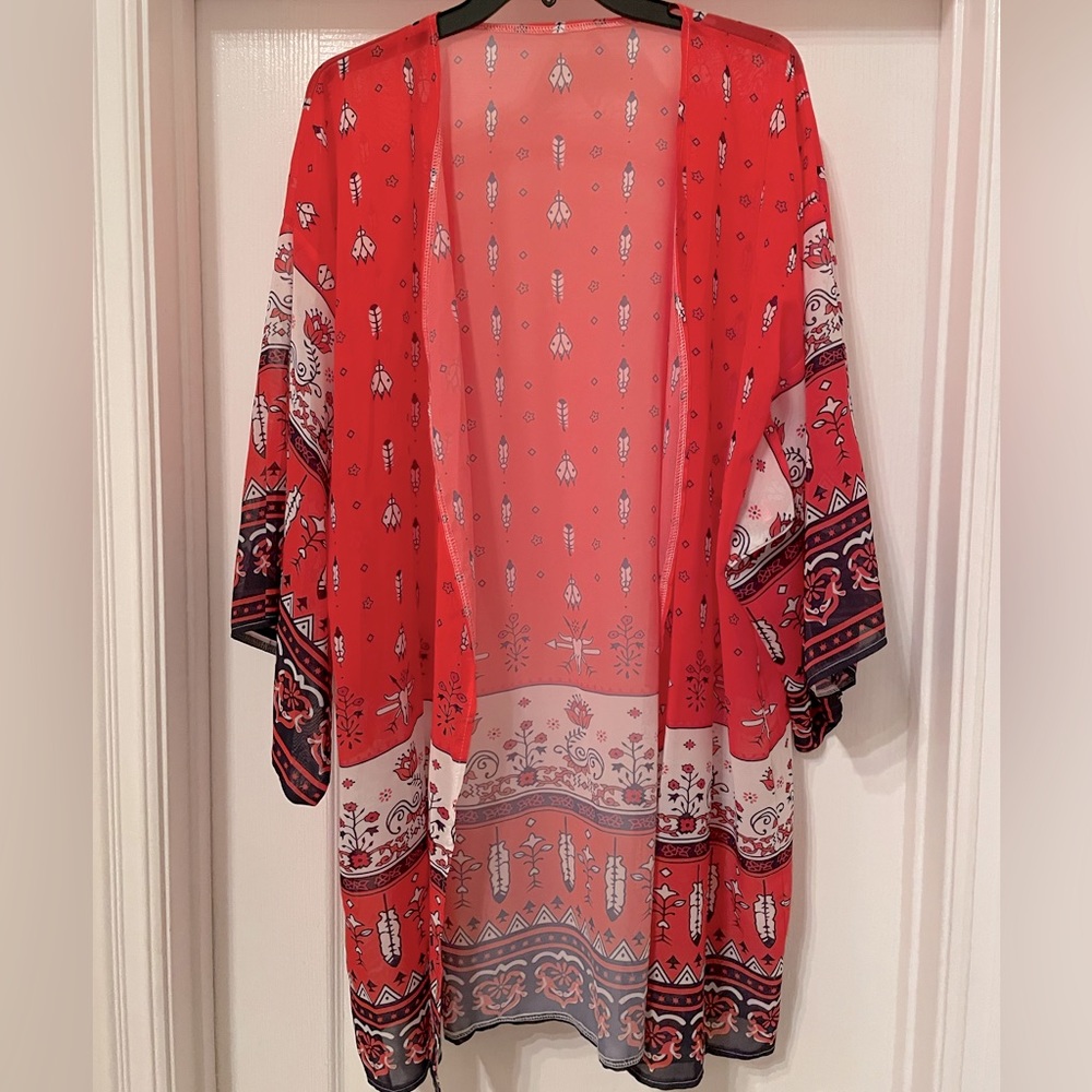 NWOT 3/4 sleeve open lightweight kimono top size Large- orange pattern